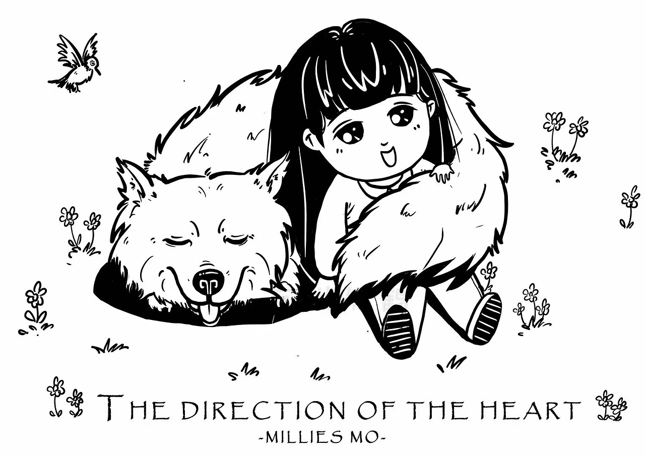 黑白儿童插画-我与狗狗的回忆