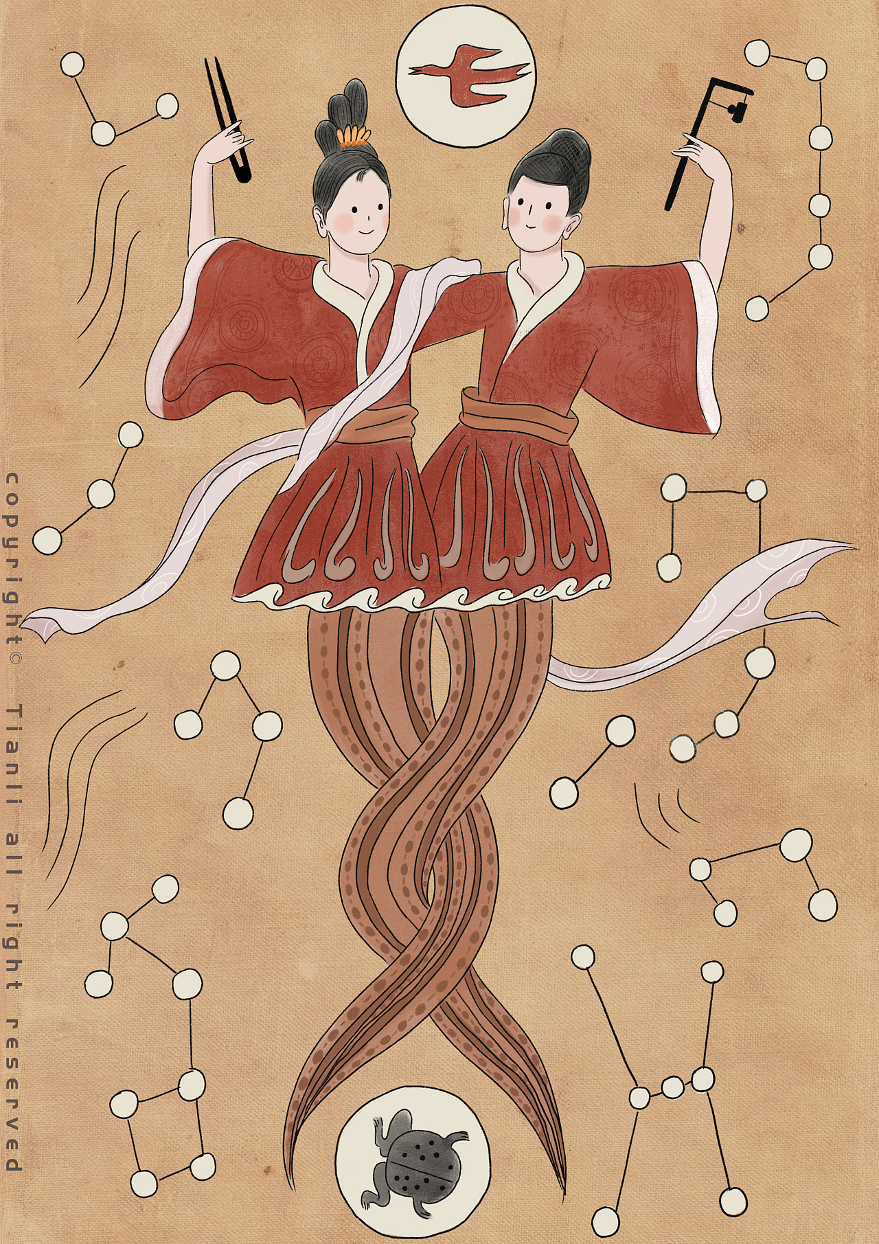 中国古代神话故事传说女娲造人国潮插画图片-千库网