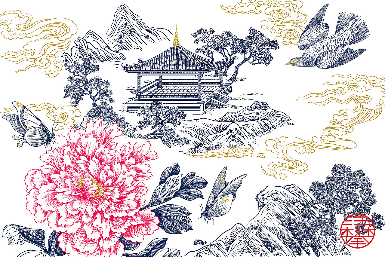 牡丹亭铜版画,牡丹酒,牡丹茶,化妆品包装插画设计