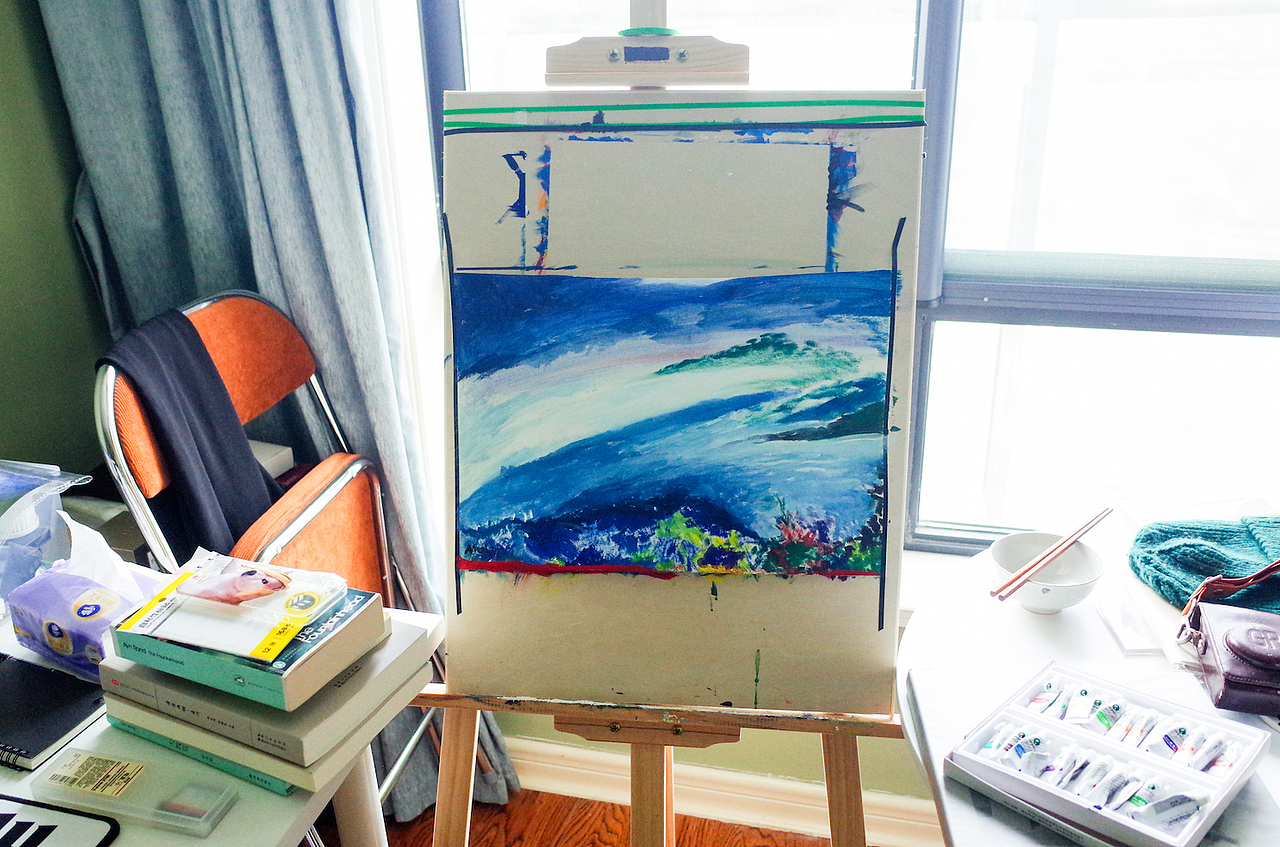 坂本龙一过世了,朋友发来一张海景,夜里听着教授的音乐,画了这幅画