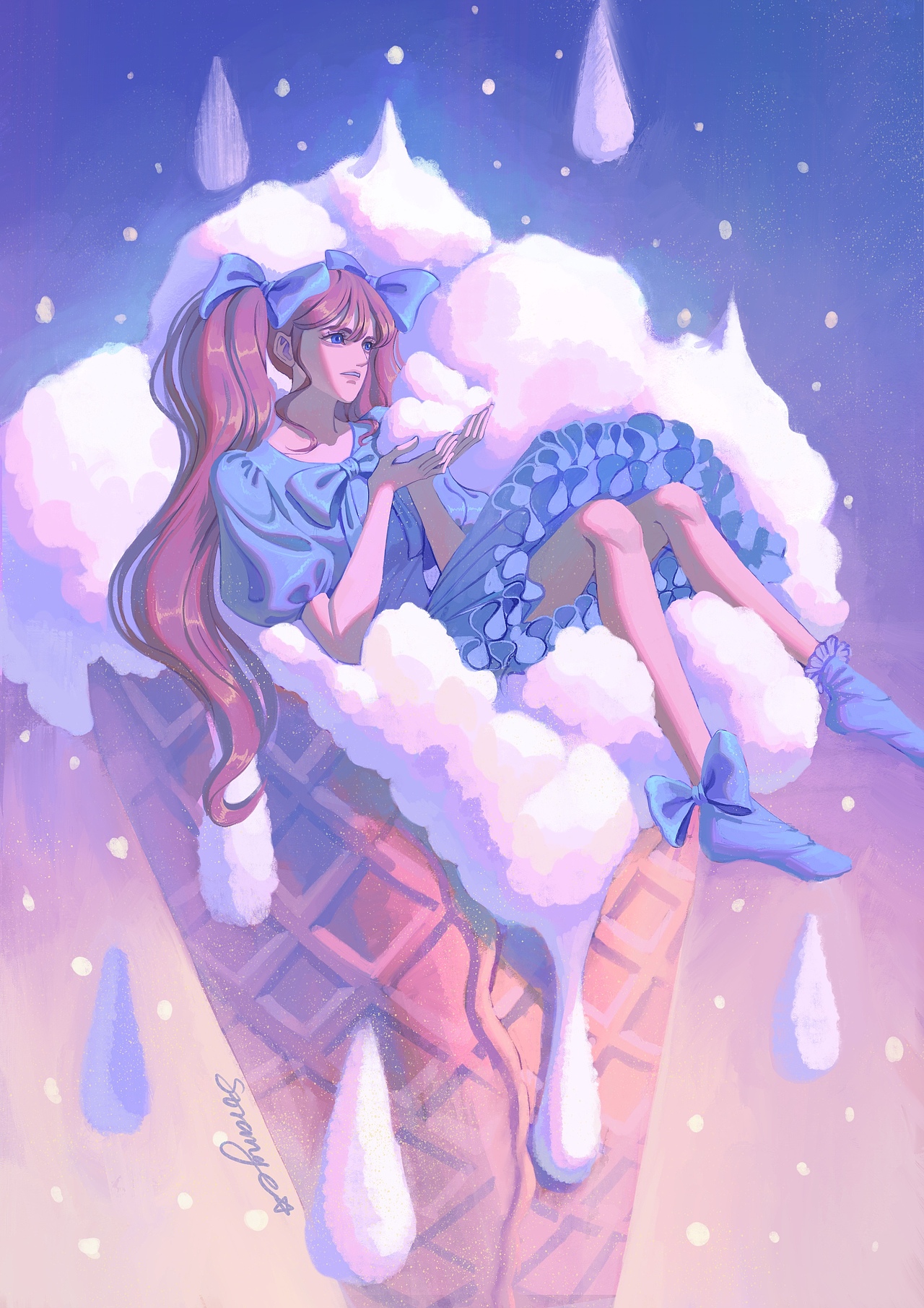 云朵冰激凌少女插画
