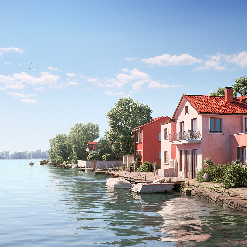超写实水景河边房屋