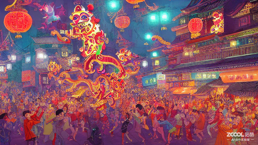 #AI创作实验室#夜晚人们在热闹的街道上看舞龙表演