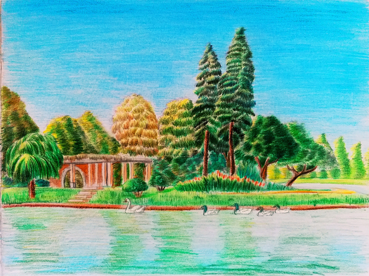 第一张:流花湖公园的彩铅手绘,画的是公园里一座浮岛的景色