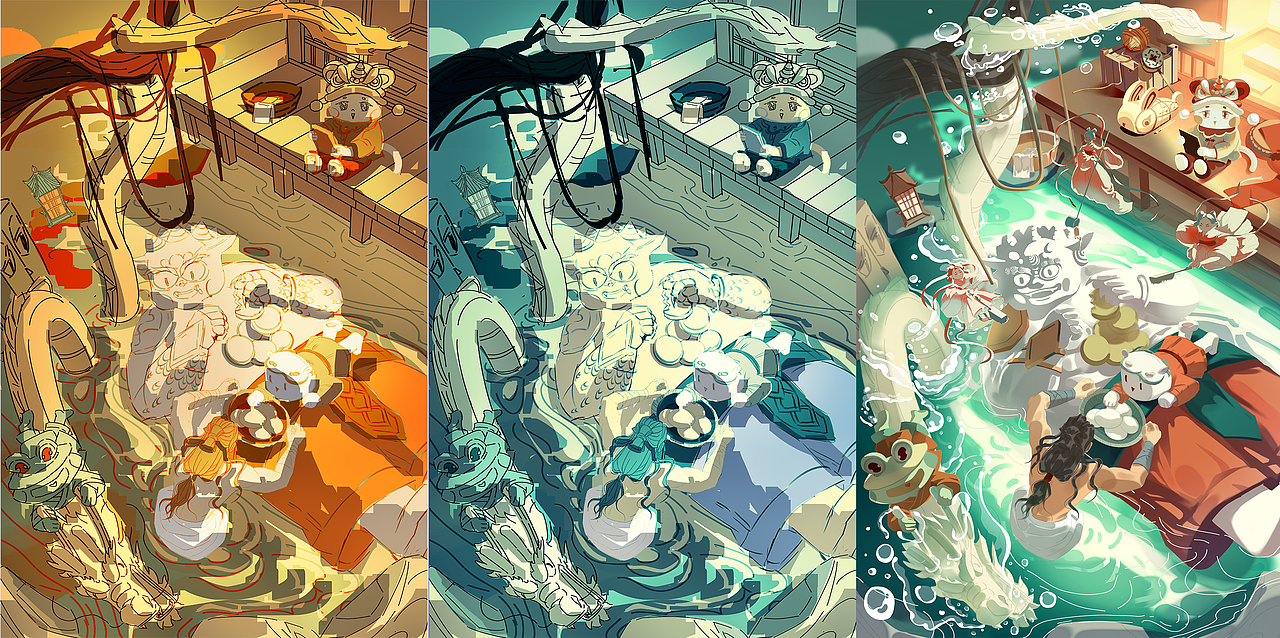 做了两个方向的大色调,后来发现自己画的暖色调很多了,这次就换了一个冷色调子继续深入