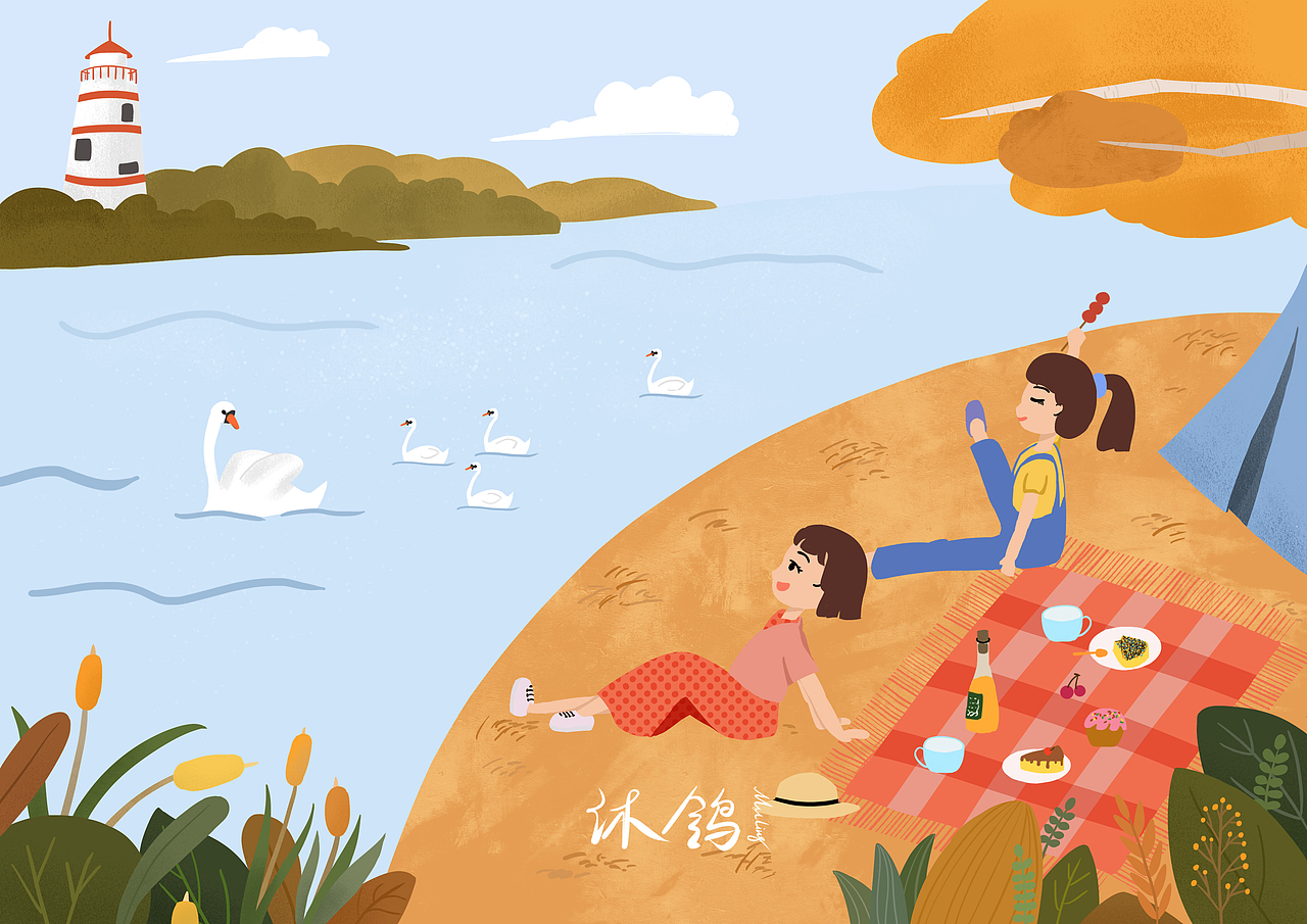 秋日风景手绘插画