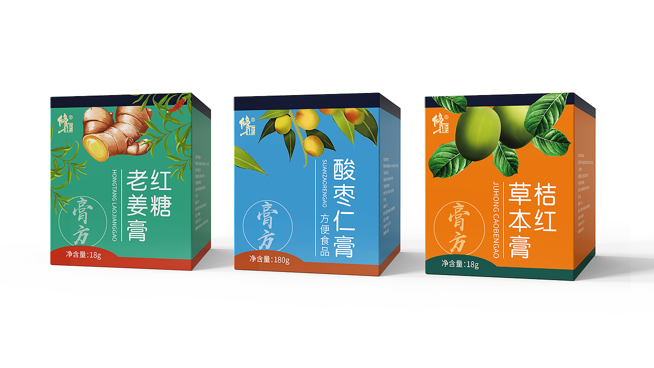 桔红草本膏、红糖老姜膏、酸枣仁膏、三款膏方包装