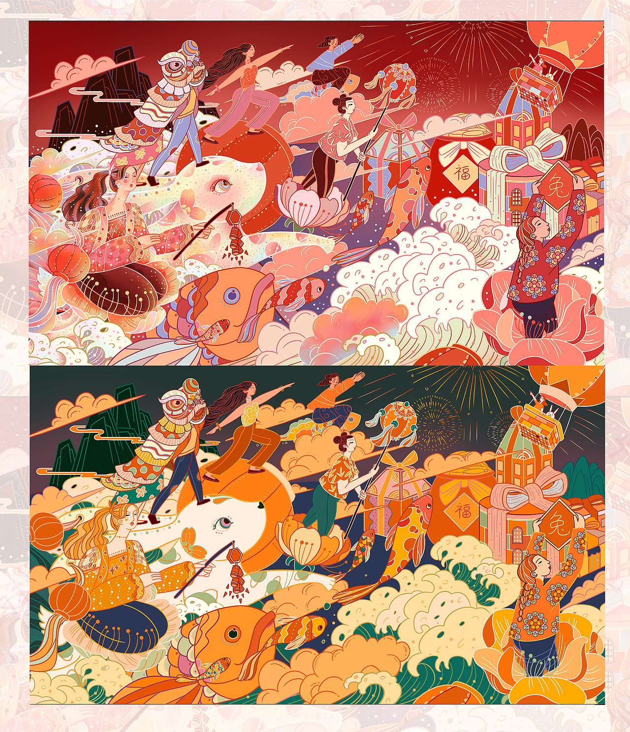 兔年：福兔賀春-新春大展宏“兔”，往事“虎”嘯而過（圖ZMzE1NjU3MzAw） - 商業(yè)插畫 - 站酷設(shè)計(jì)師卡羽桃原創(chuàng)素材 - 站酷ZCOOL