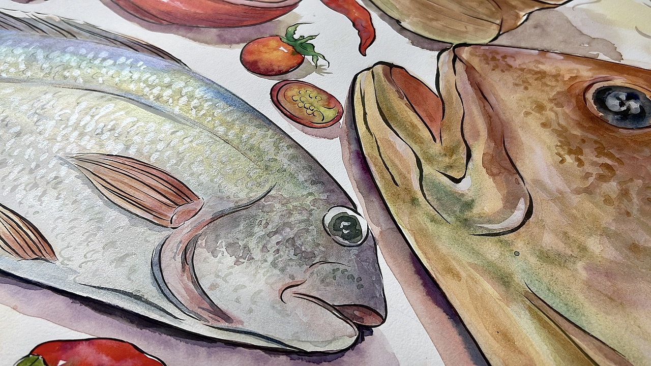 何记面馆非遗传承黄鱼面水彩纯手绘《黄鱼七兄弟》（图ZMzU1NjI5Mzgw） - 商业插画 - 站酷设计师噜猫小画家原创素材 - 站酷ZCOOL