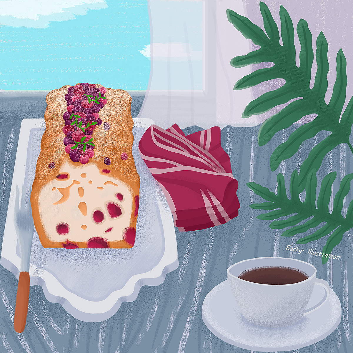 美食插画 | 咖啡蓝莓蛋糕（图ZMzIyMDY1MTA4） - 商业插画 - 站酷设计师BeckyZhu1315原创素材 - 站酷ZCOOL
