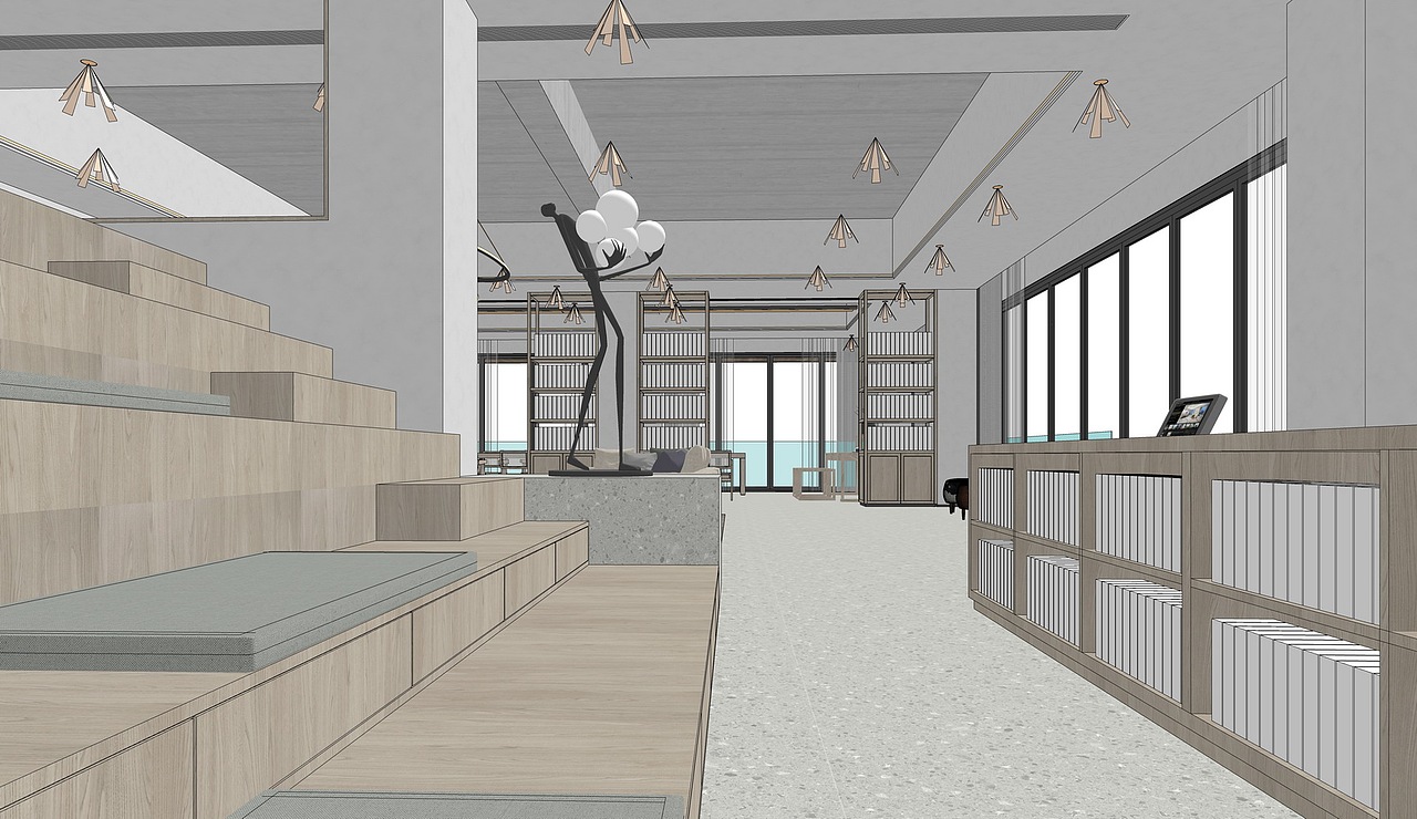 现代咖啡厅书吧SU模型下载