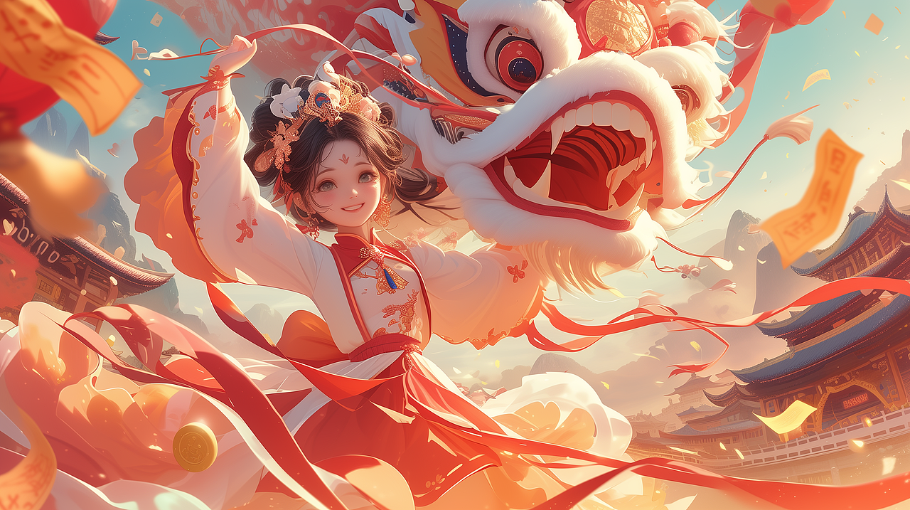 #Midjourney# AI绘：驯龙少女 醒狮庙会（图ZMzYxMzI4NzA4） - AI作品 - 站酷设计师lining2000原创素材 - 站酷ZCOOL