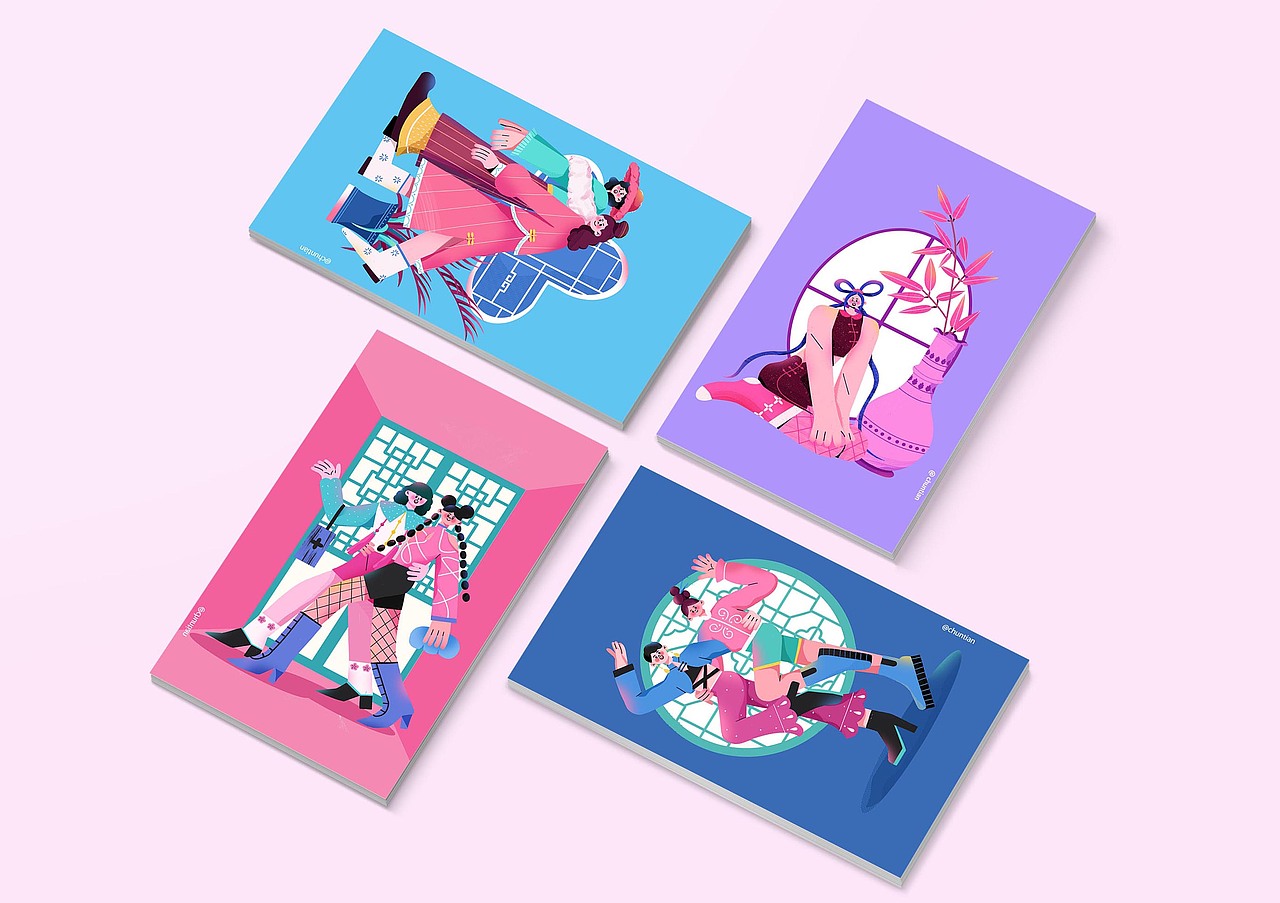 新中式女孩原创扁平插画