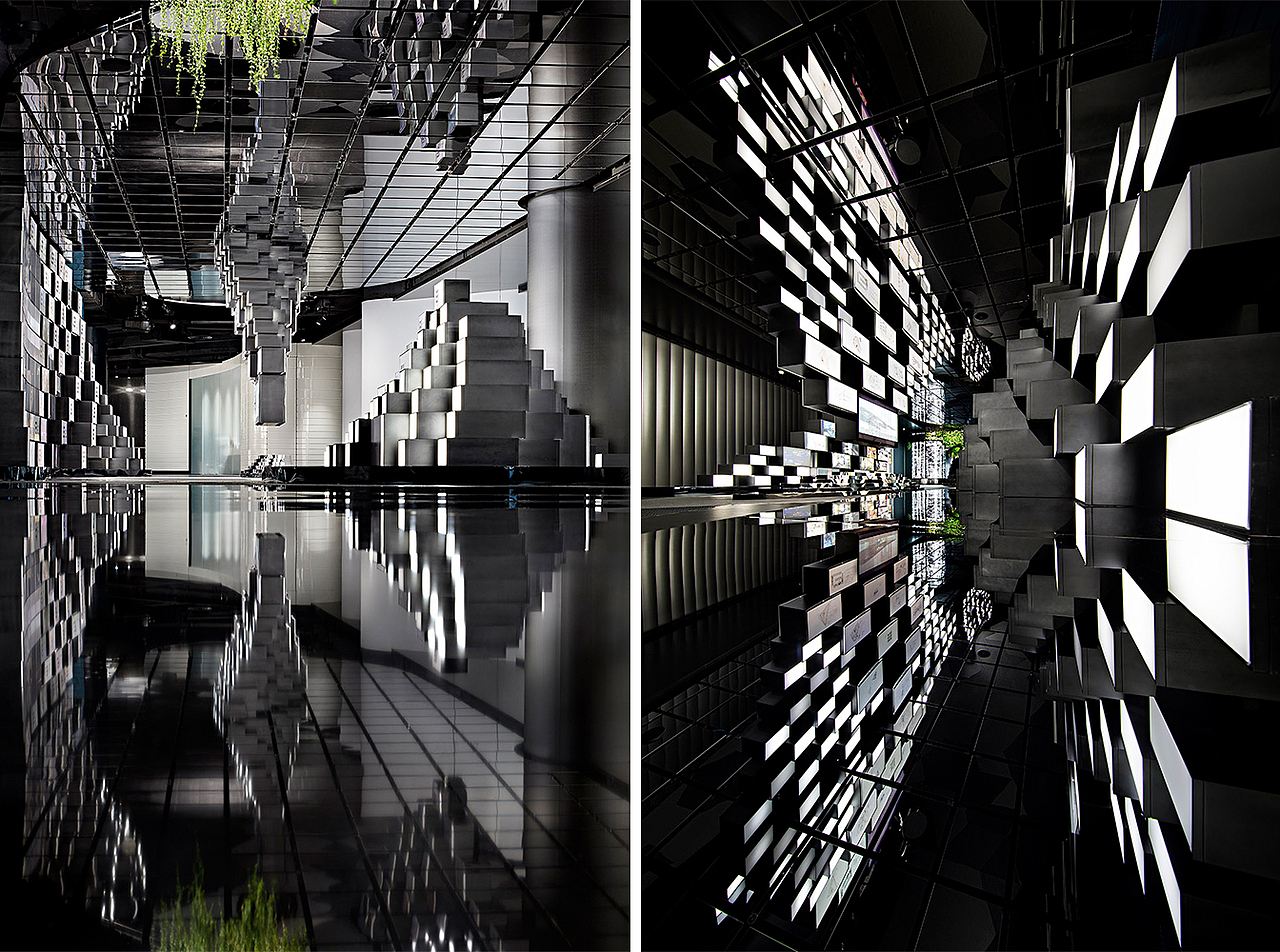 共创空间是社交的地方,有咖啡店﹑酒吧﹑共享工作间和会议室。由罗斯·洛夫格罗夫和扩道设计,置于中间的3D打印凋塑桌在日间为工作台,晚间作为酒吧桌。最后,「睿智平台」位置可容纳最多20人小组汇报与讨论之用,长条状的投影屏幕环绕中心讲台,讲者可透过身体语言指令高科技感应器,把汇报作品和听众无缝联系在一起。
<br>▼睿智平台:长条状的投影屏幕环绕中心讲台