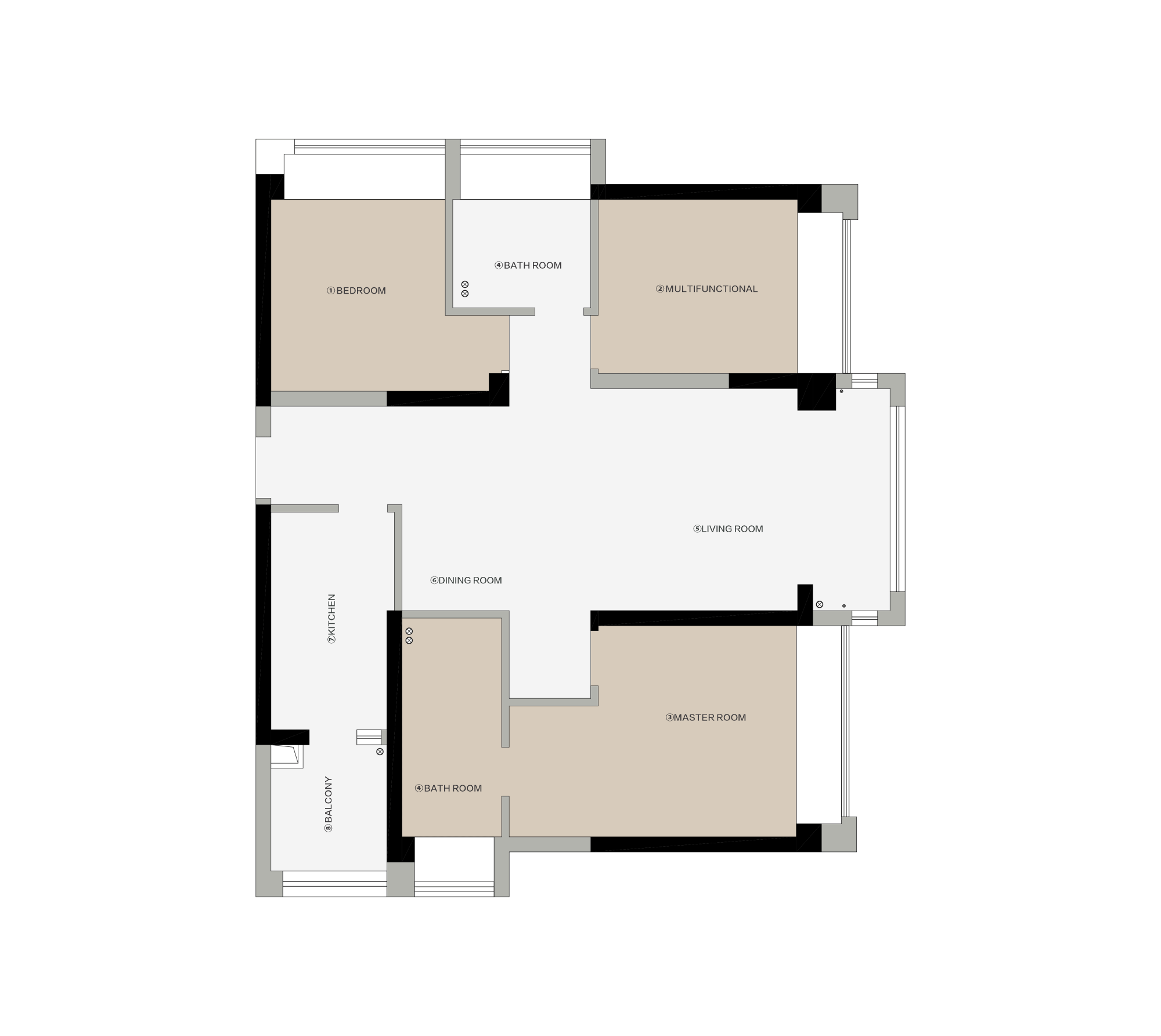户型图
➊ 厨房与生活阳台联通,并开放厨房,开阔入户视觉,实现公共空间LDK场景<br>➋ 拆除客厅电视墙部分墙体,通过玻璃分离多功能房与客厅,为两个空间同时增加采光,以及增强互动性<br>➌ 原客卫门洞直对客厅,将位置向左调整,修正格局<br>➍ 解构主卧功能,调换主卫位置,增加衣帽、梳妆区域,均衡尺寸,呈现平衡开阔的舒适套房格局