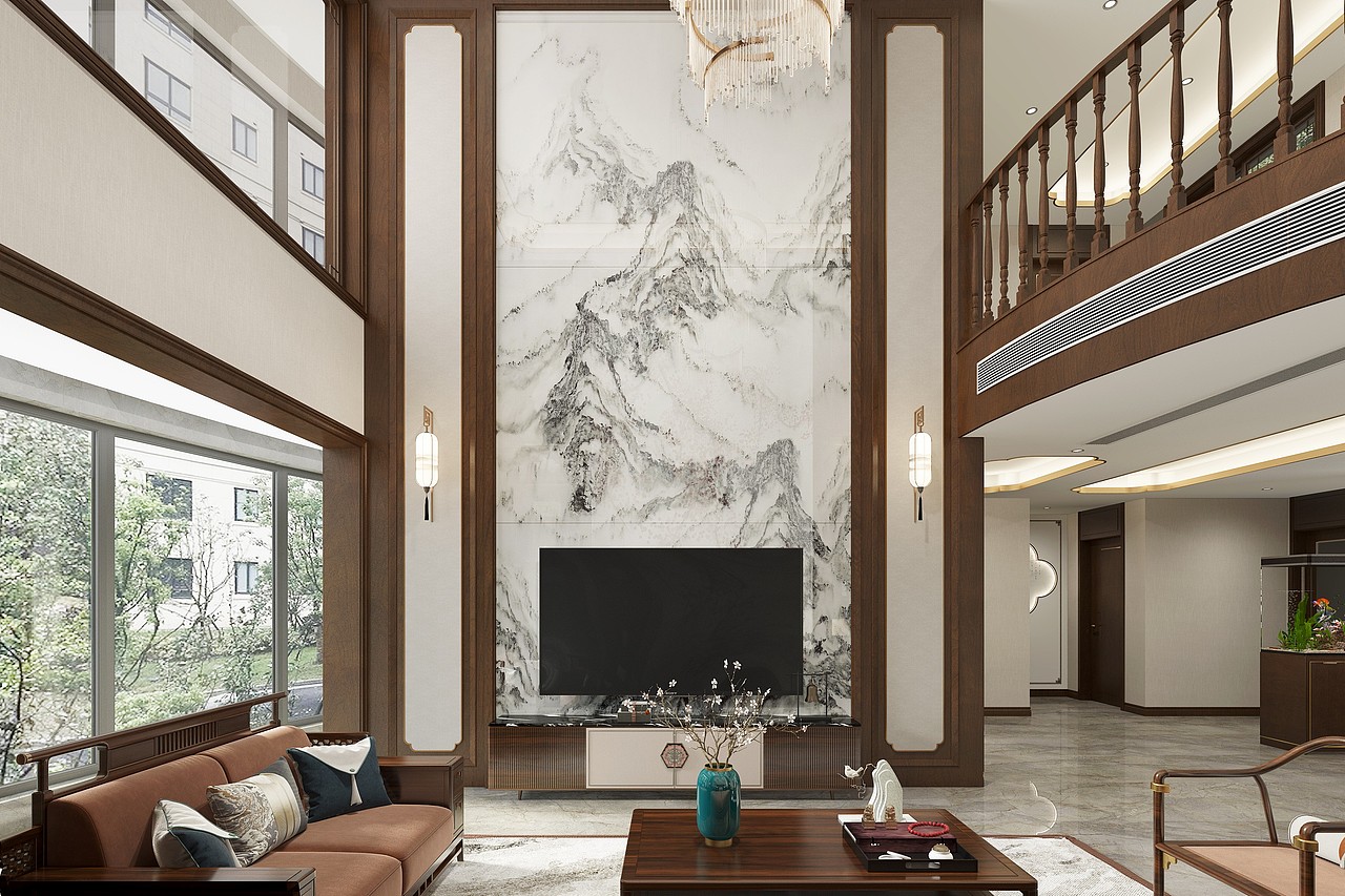 新中式挑空别墅客餐厅效果图表现