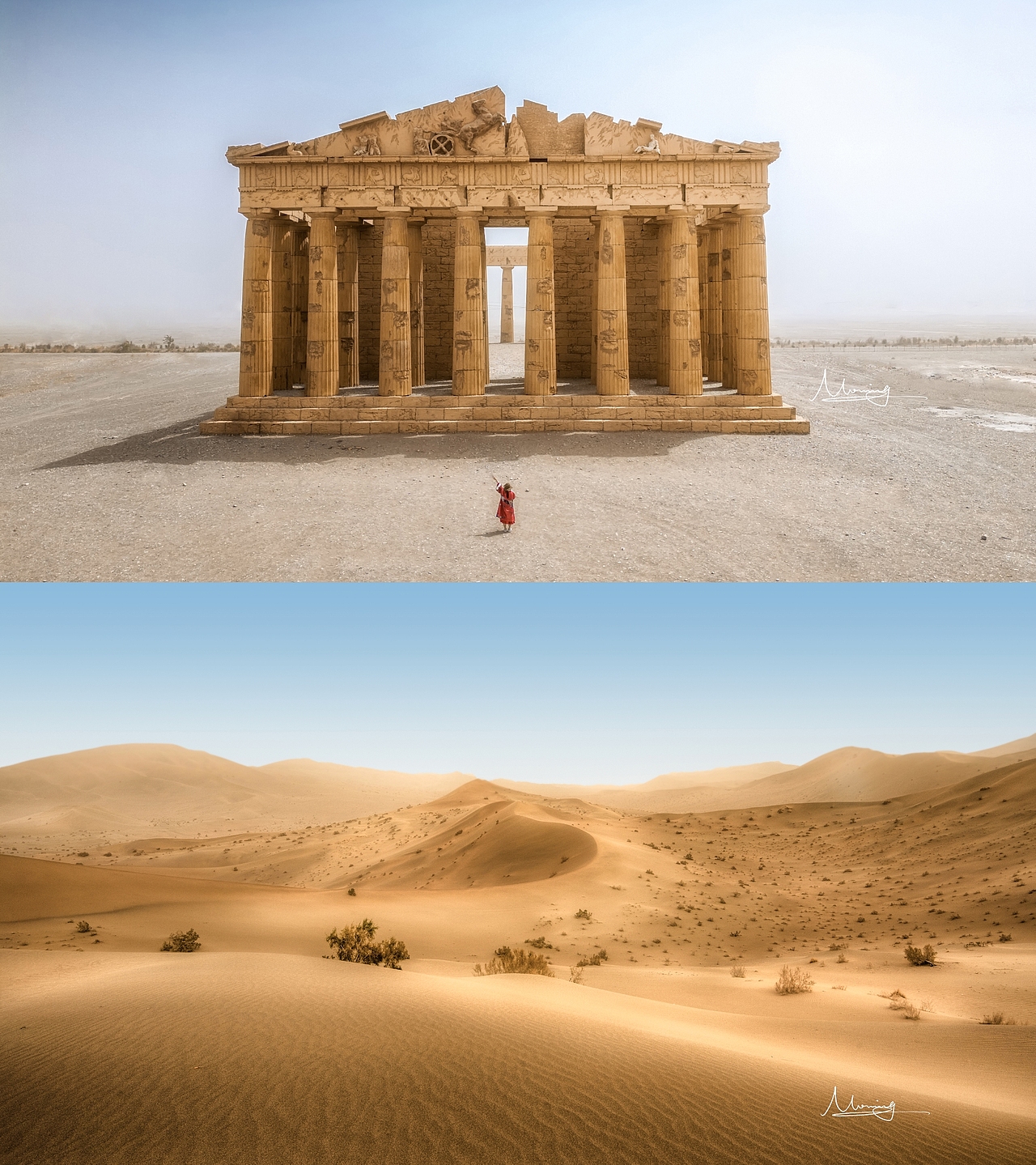 敦煌的人造vs自然景观。假装在希腊和真实处于沙漠。第一次看到沙漠,吃了几斤的傻子吧,眼里嘴里耳朵里都是沙子,甚至是牙缝中,嘎嘎作响。