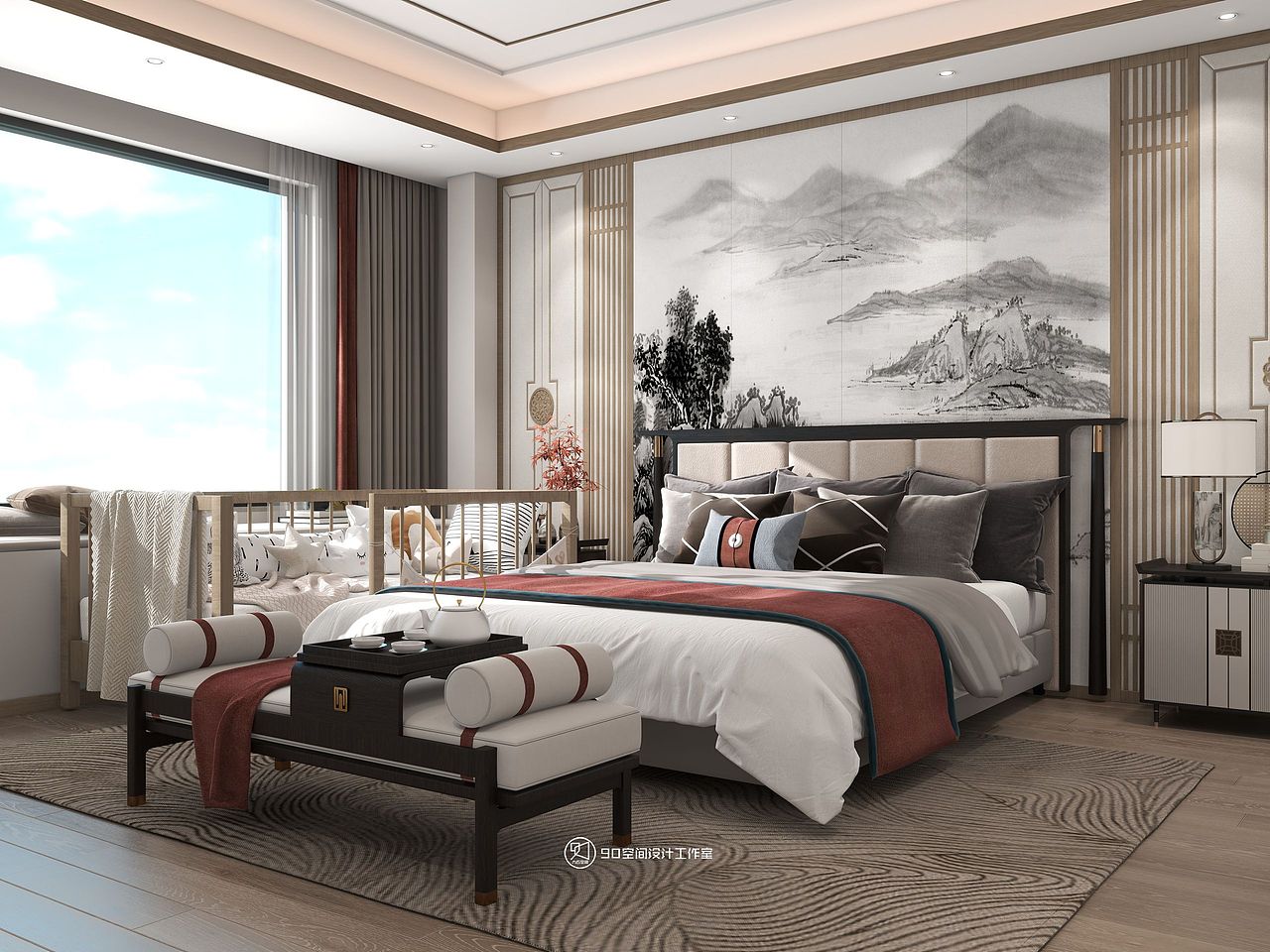 90空间设计∣260㎡,对称布局+水墨画搭配出的中式浪漫