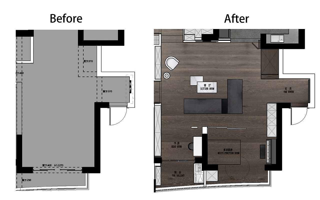 长条型的客厅其实我是非常不喜的
因为长了,就会显窄了。就算本身并不窄,但视觉上就会产生错觉。
还有就是空间的分割上也会增加难度,简单来说,太长不好处理两边的墙面。
最后就是空间的浪费,沙发不会随着你的厅长而去加长,那么肯定会有一块区域空出来。
然后,我们把客厅横置了。
纵向变成了横向,当然也融合了2个房间
普通客厅 ➡️ 客厅PLUS
满足屋主希望通透空间的诉求
满足屋主巨屏观影需求
满足屋主客厅、多功能房间运动、休闲的需求
满足屋主更多储纳的需求
弱化了层高、梁体的问题
增大了采光面有了更好采光和通风的需求
多功能房即是客厅的一部分,关起门又是独立的一部分
满足更多生活场景的需求
这个方案也让我们在多家设计公司脱颖而出的取胜关键
下面👇👇👇
欣赏一下我们客厅实景照片