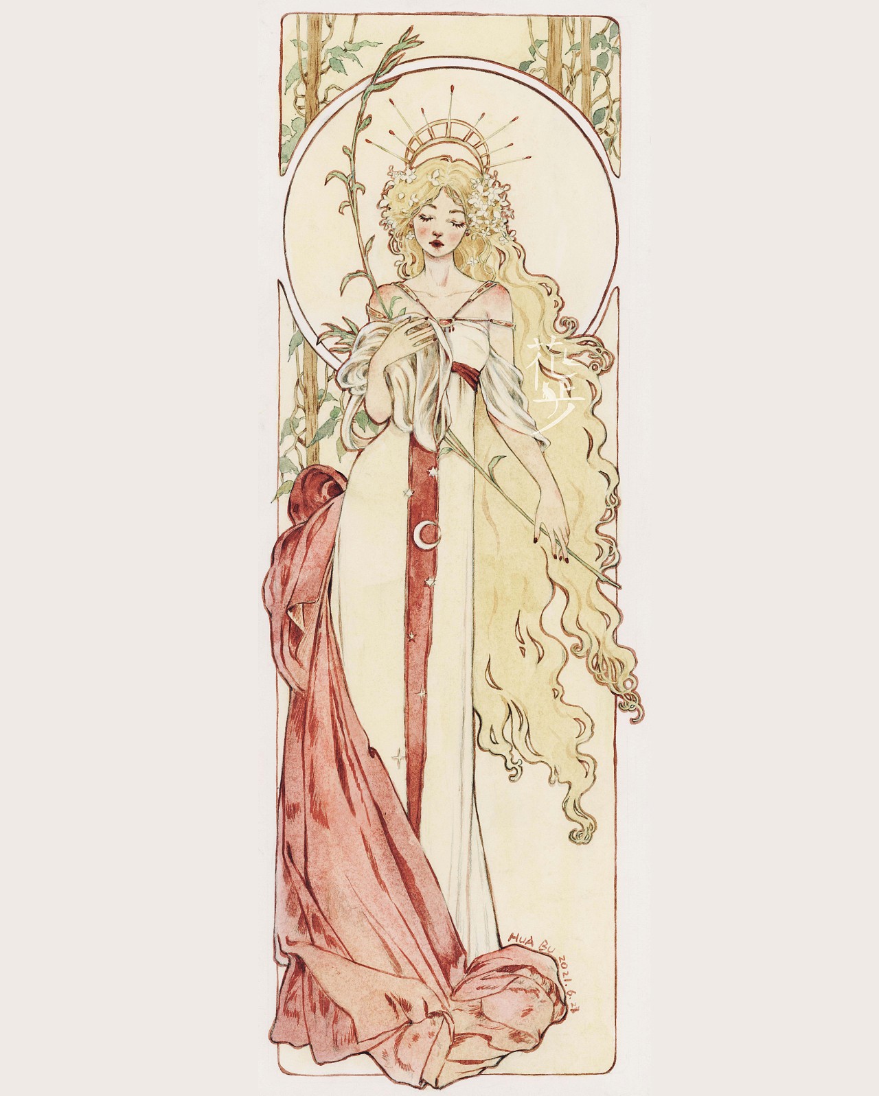 仿穆夏風(fēng)水彩少女（圖ZMzE1MDAzNjM2） - 藝術(shù)插畫 - 站酷設(shè)計(jì)師花步原創(chuàng)素材 - 站酷ZCOOL