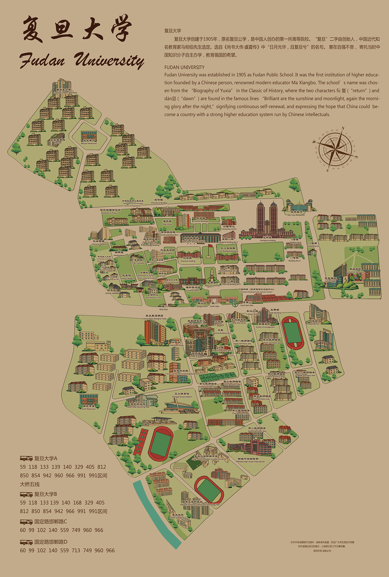 手绘地图《复旦大学》复古风格