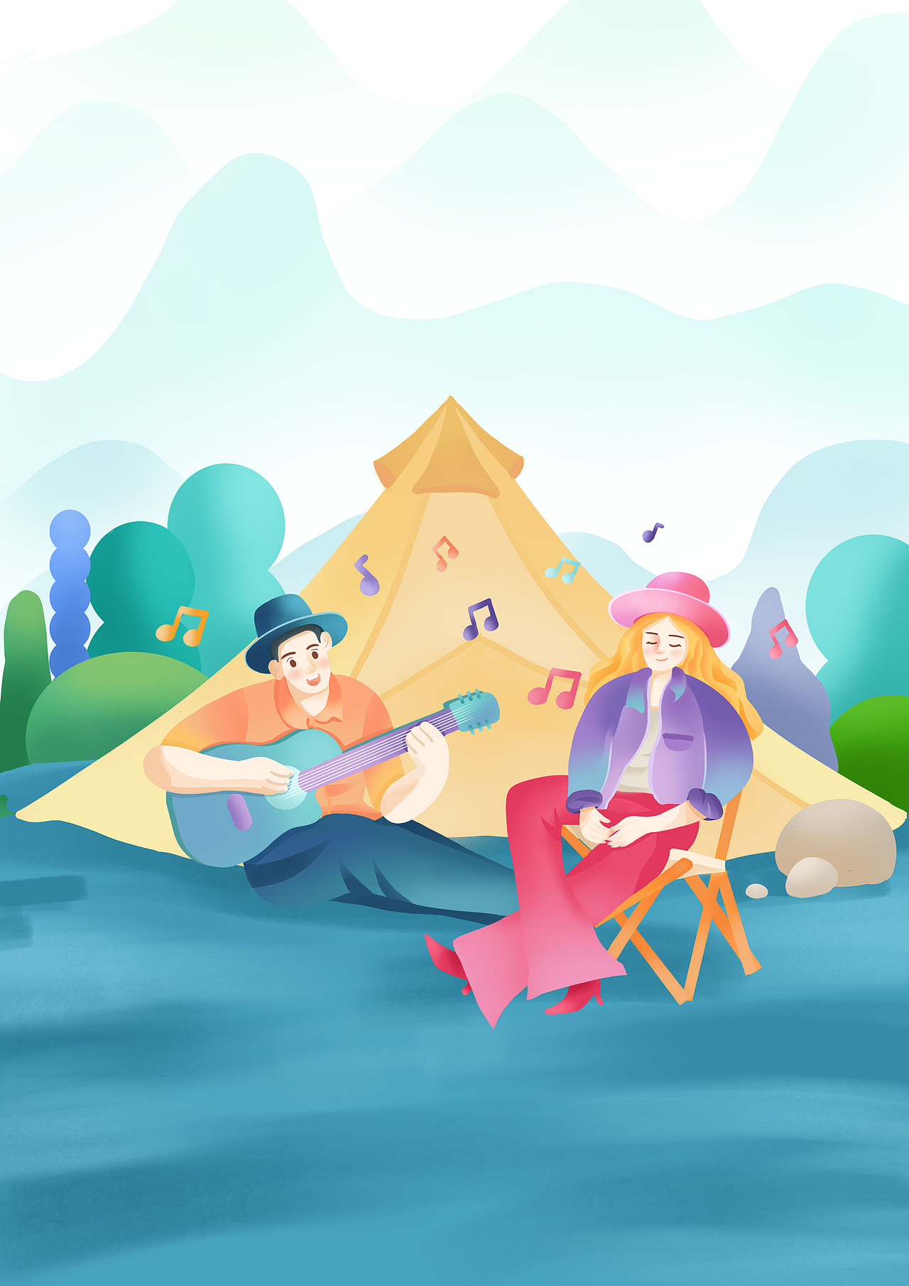 扁平渐变旅行露营插画banner