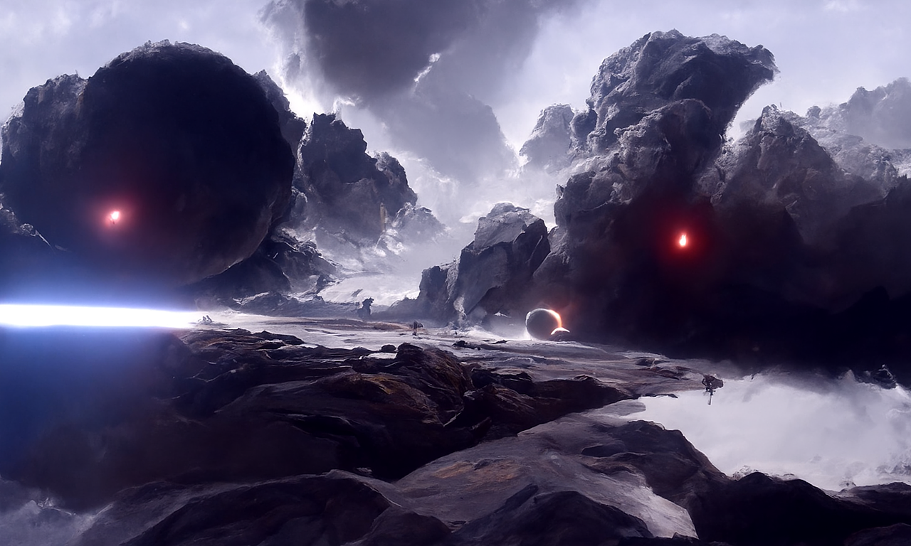 五道黑色的光束从灰色的星球表面冲上无尽的天空