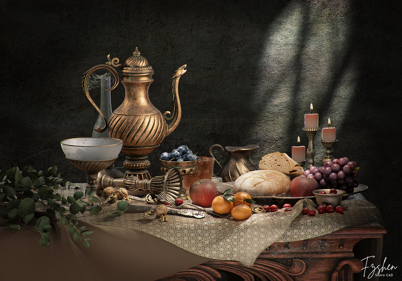 油画质感静物渲染