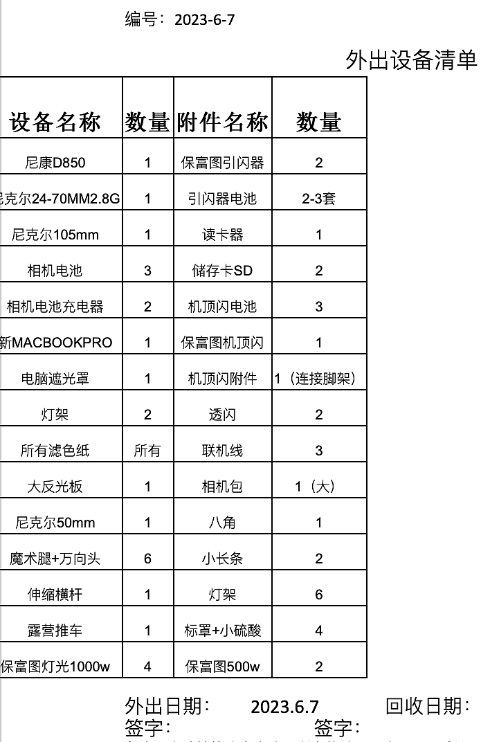 设备清单
