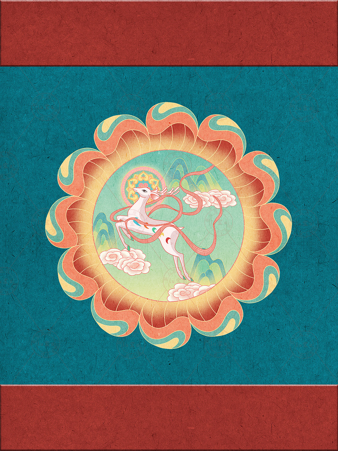 国潮九色鹿插画设计图案设计