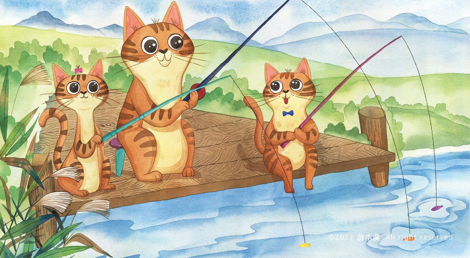小猫钓鱼场景画图片