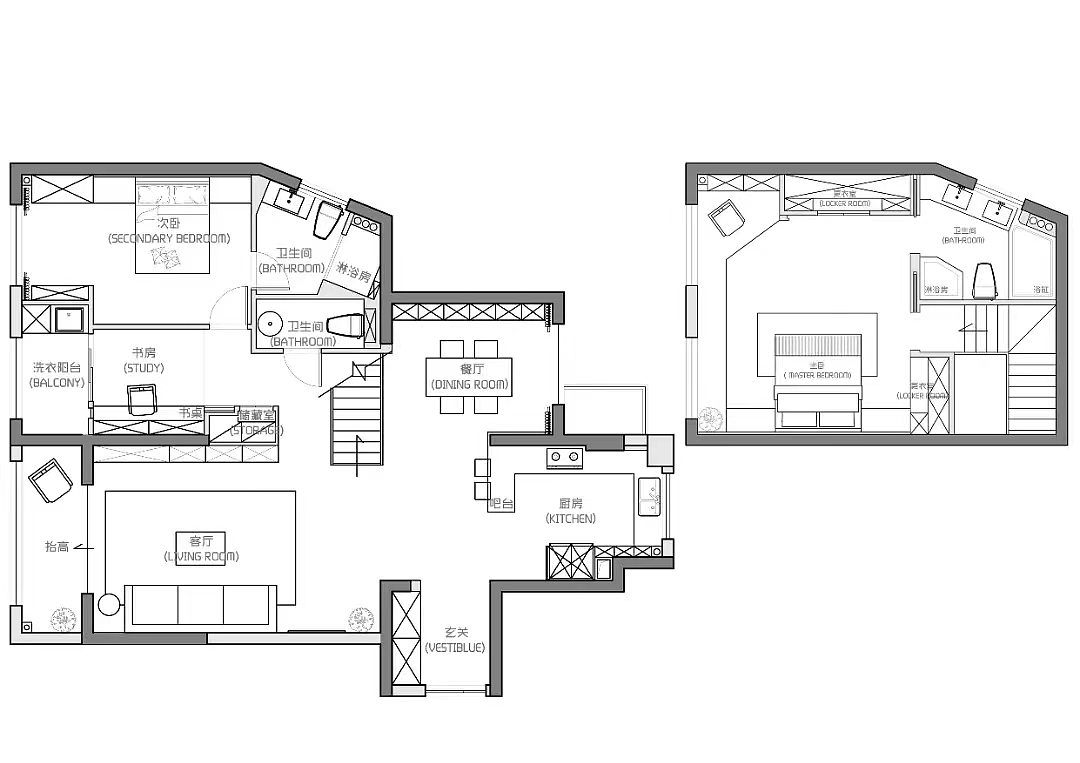 平面方案图
户型改造提升<br>1、本案为错跃户型,在一楼房间汇集处搭建了L型楼梯。<br>2、拆除部分隔墙,将客厅、厨房、餐厅打通,打造为开放的家庭环境。<br>3、将南面双阳台隔为3个区域,中间段保留阳台功能,其余并入客厅和次卧,拓大室内面积。<br>4、二楼作为独立的主卧套间汇集了更衣室、大卫生间、休闲区等诸多功能。