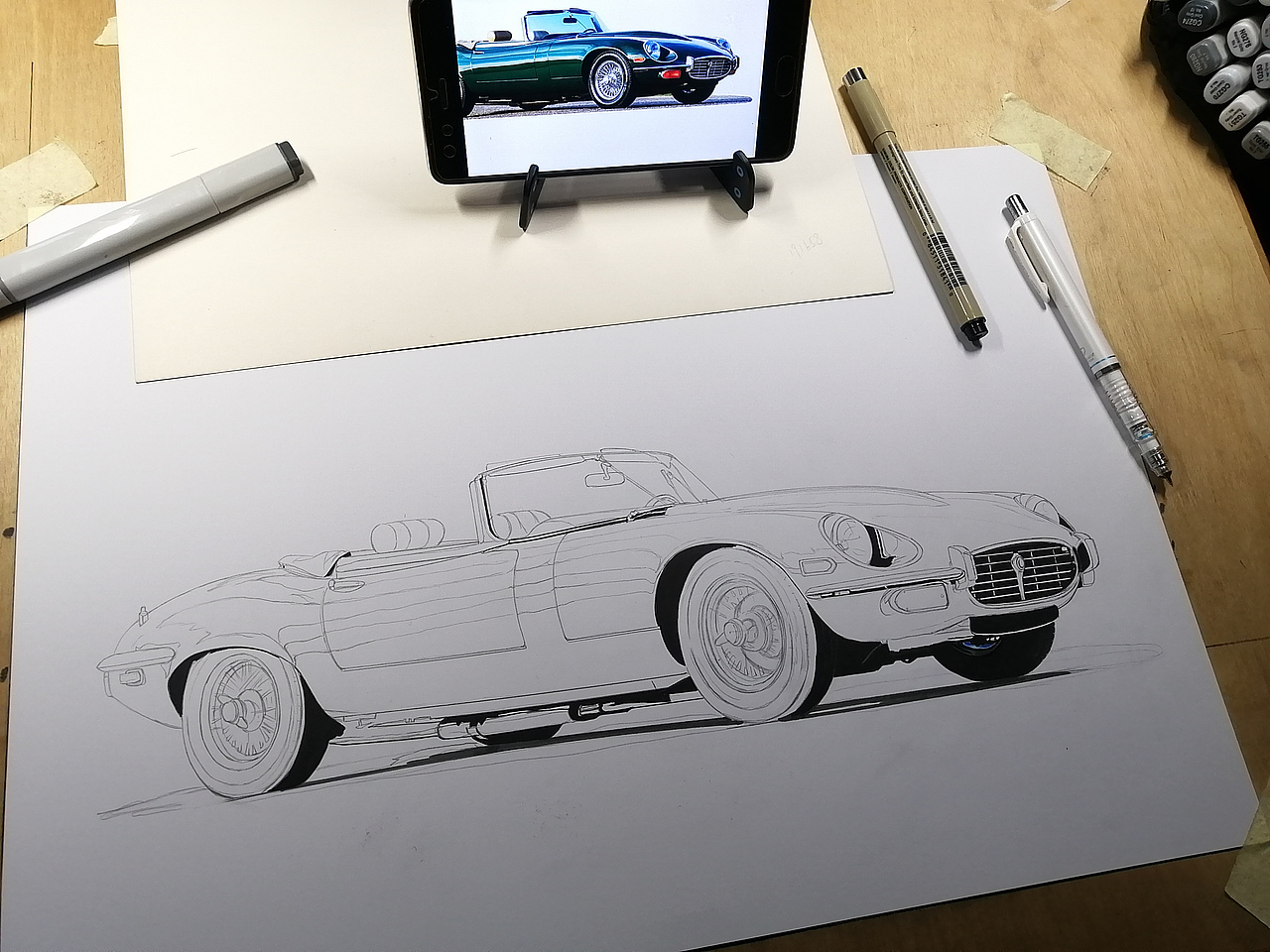 马克笔汽车手绘 捷豹 E-type