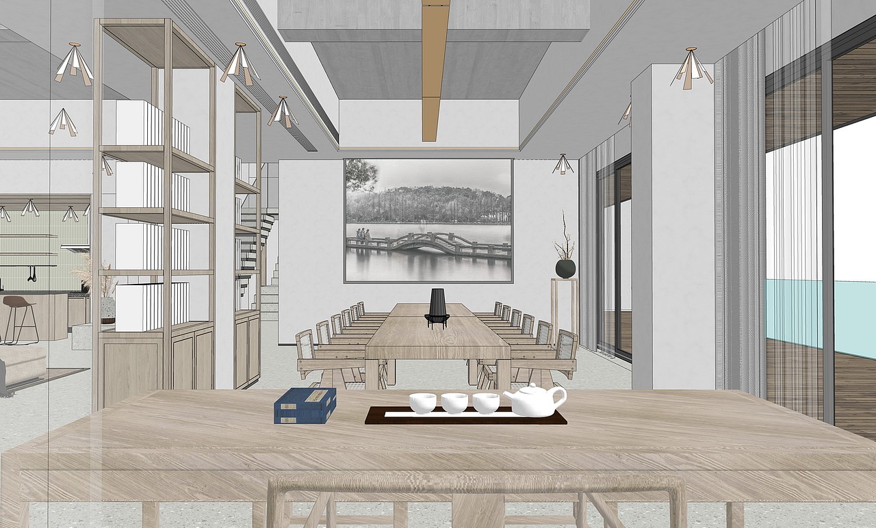 现代咖啡厅书吧SU模型下载