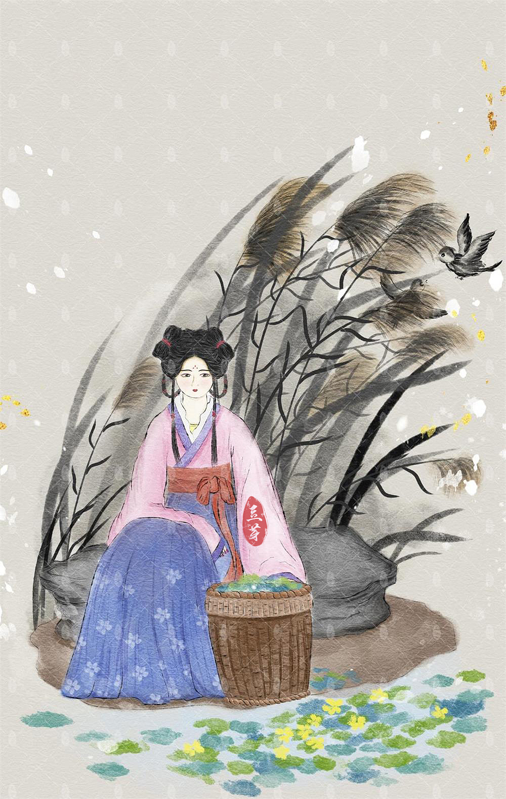 诗经人物水墨图  桃夭    蒹葭    氓