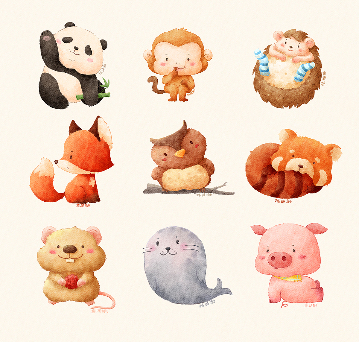 可爱动物九宫格插画