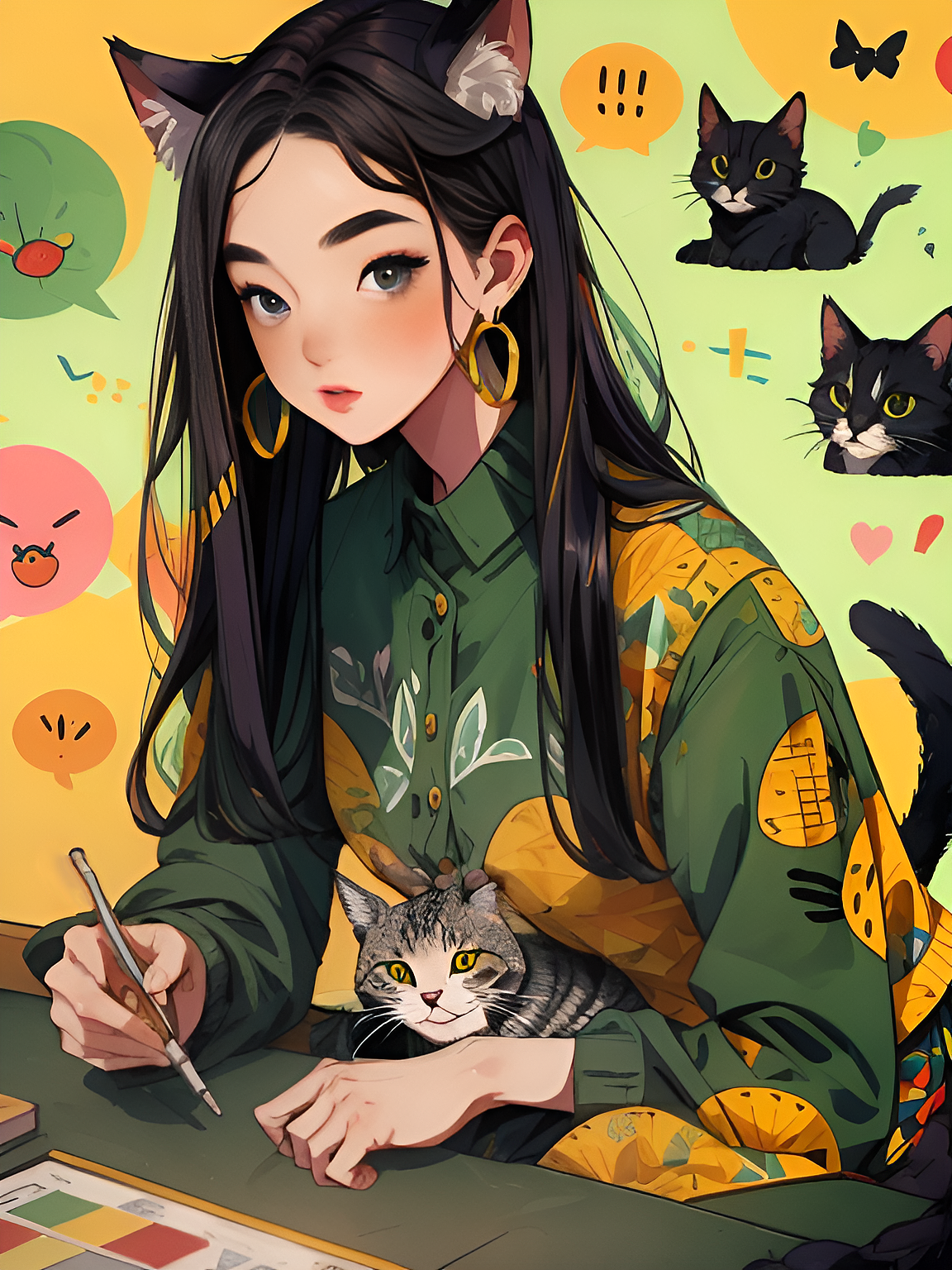 元气女孩，女孩与猫（图ZMzUxMzM1NDY0） - 绘画 - 站酷设计师智东居士原创素材 - 站酷ZCOOL