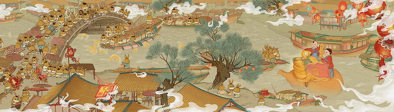 卯兔上河图 2023兔年春节贺岁商业插画