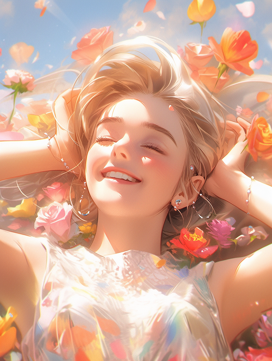 Midjourney 人像|夏日少女 沉浸在花海里