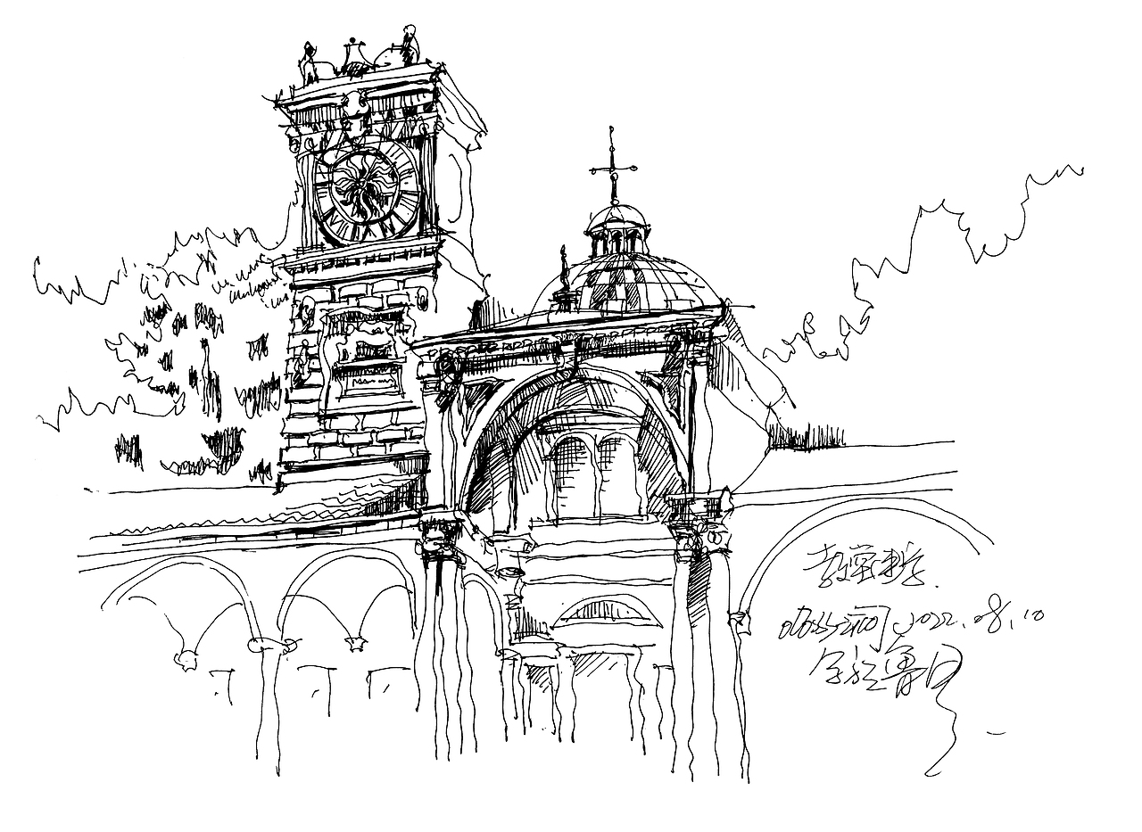 教堂建筑外观手绘