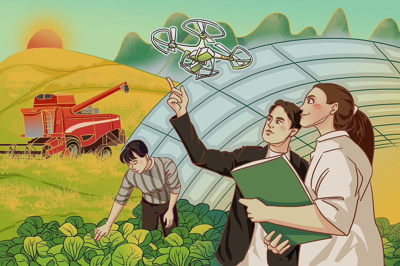 农村产业科技振兴乡村大棚种植插画