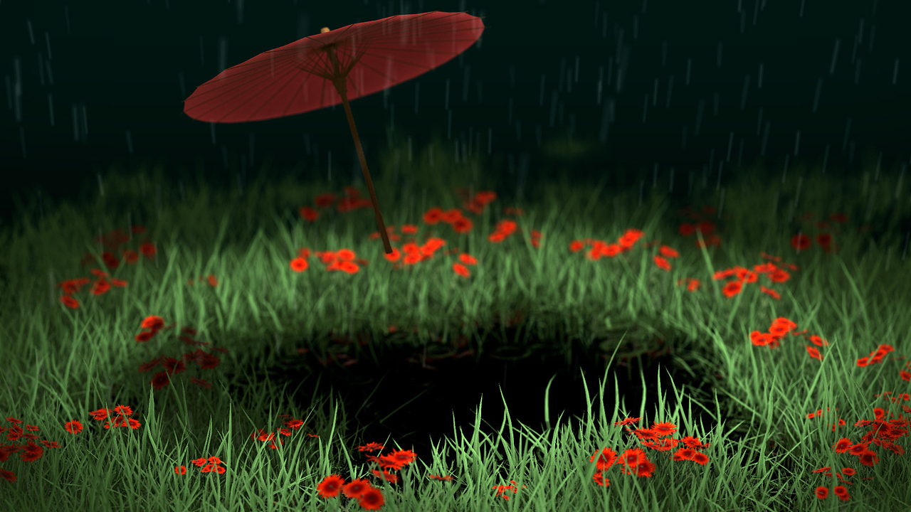 油纸伞飘落在花丛中