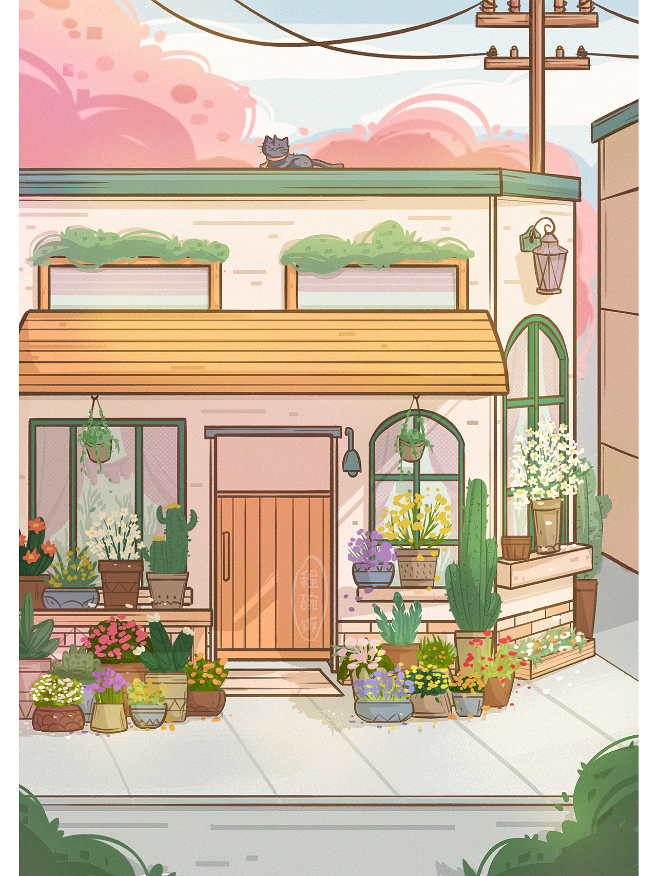 扁平风治愈系建筑场景插画-街边花店