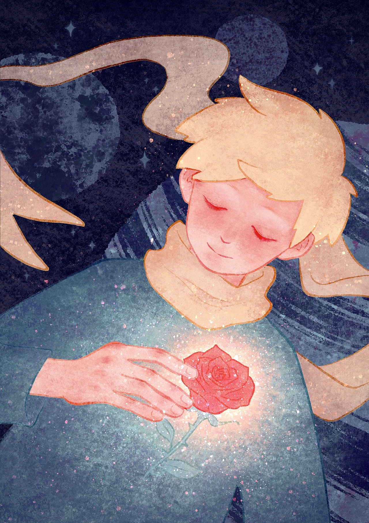 "即使他酣睡的时候,一朵玫瑰花的形象如一盏灯的火焰,在他心中闪光"