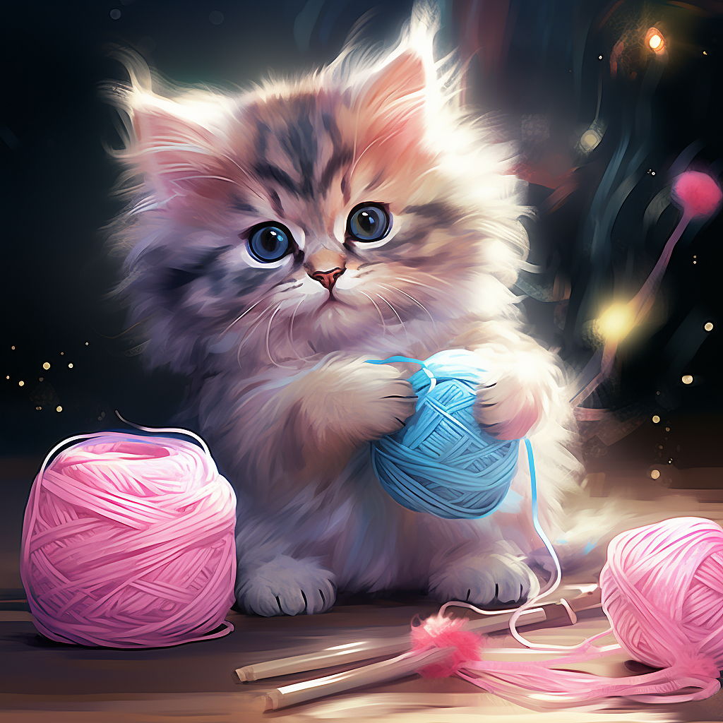 超写实插画风格的小猫玩毛线和针织针