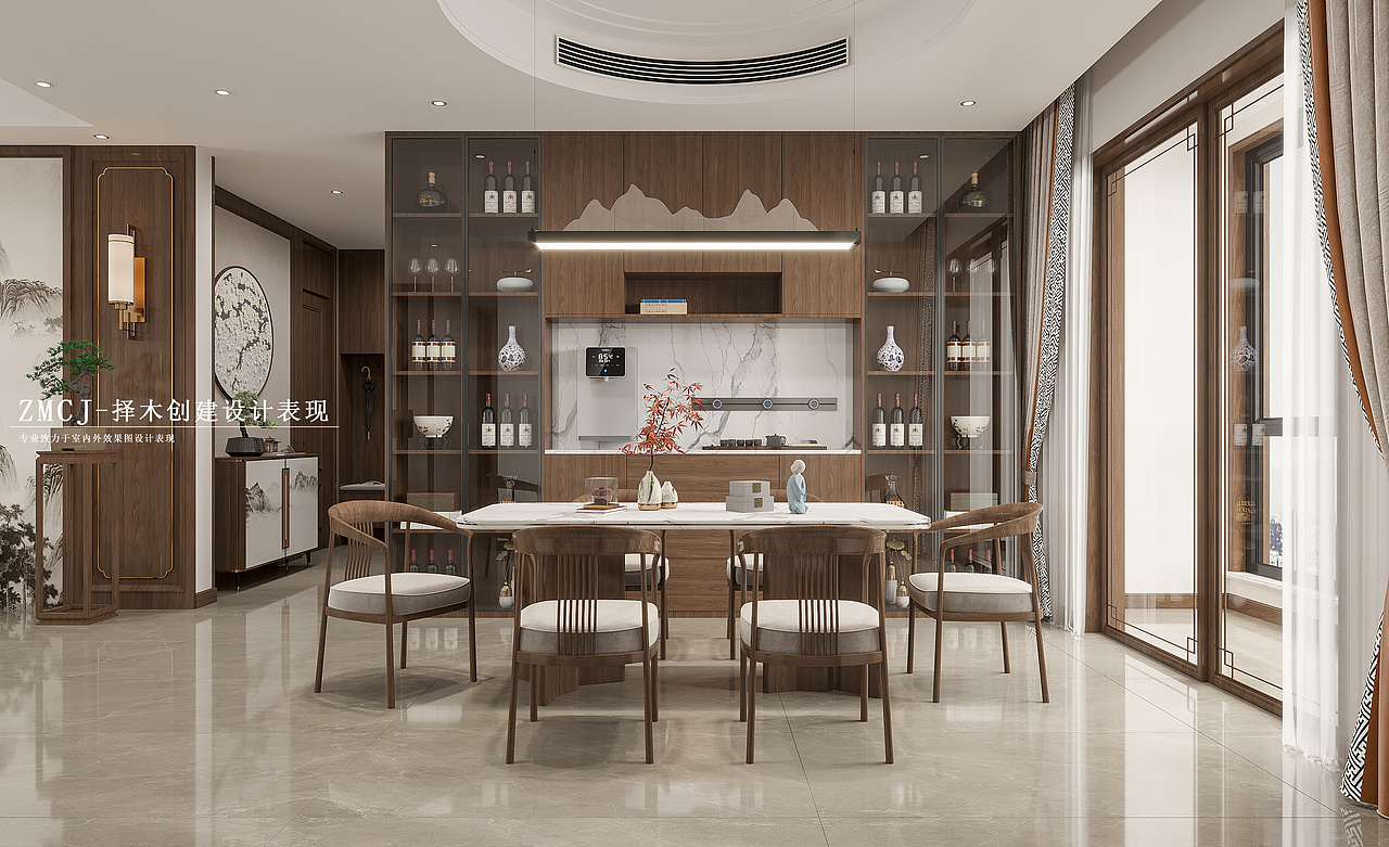 新中式客厅茶室效果—择木创建柒柒效果图