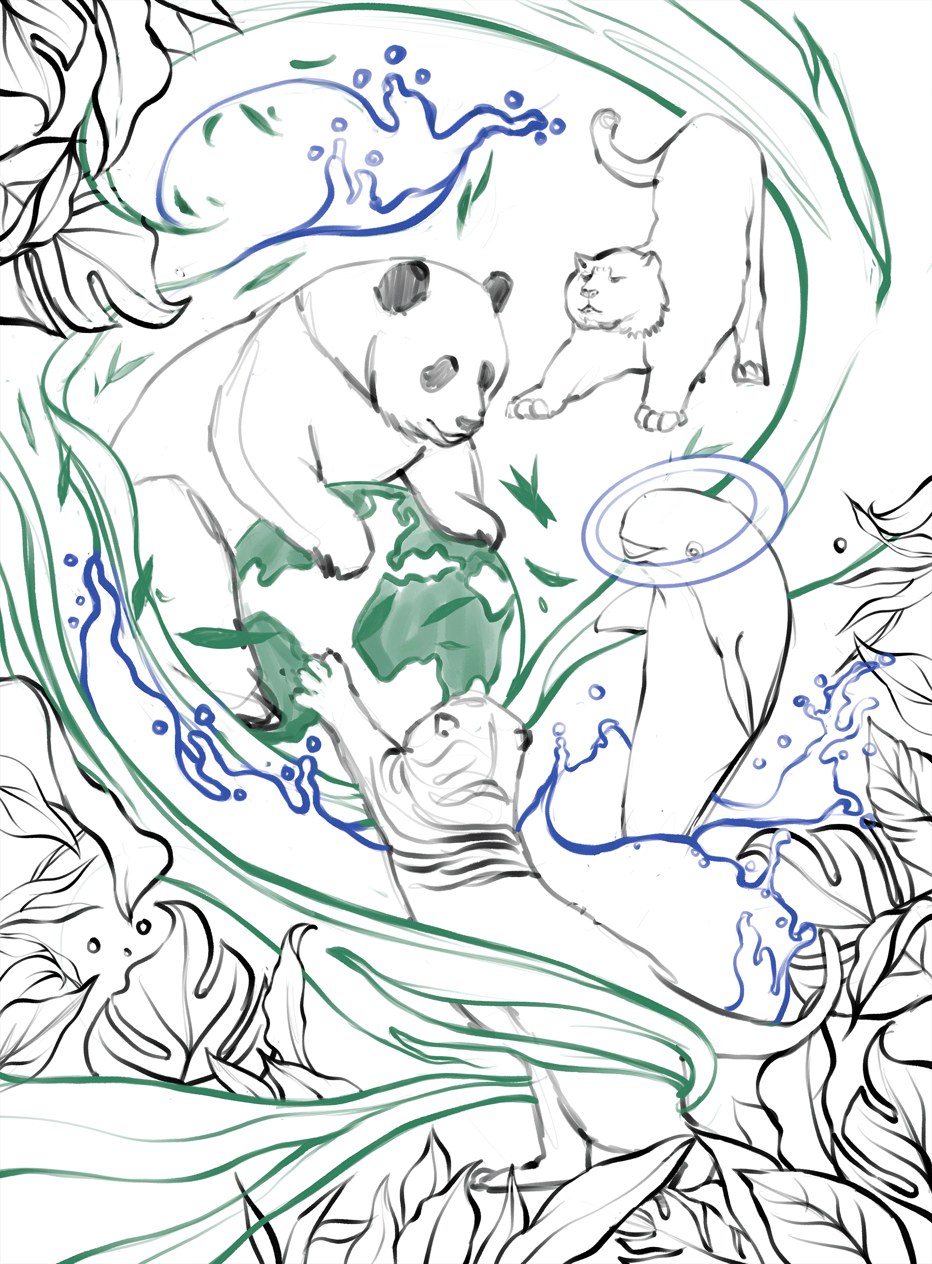 保护动物主题插画《熊猫和它的朋友们》