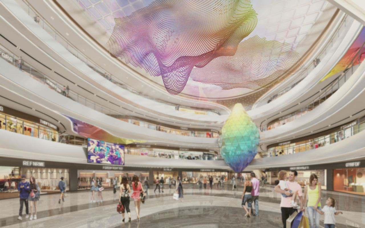 有关水乡与现代感结合的商业美陈吊饰分享