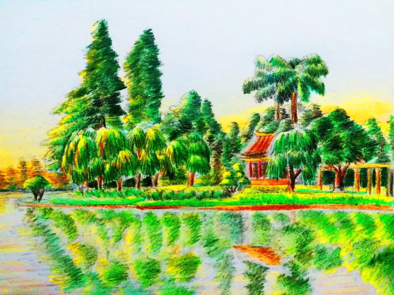 彩铅手绘:流花湖公园的一角(二)_汤俊文mrtjw-站酷zcool