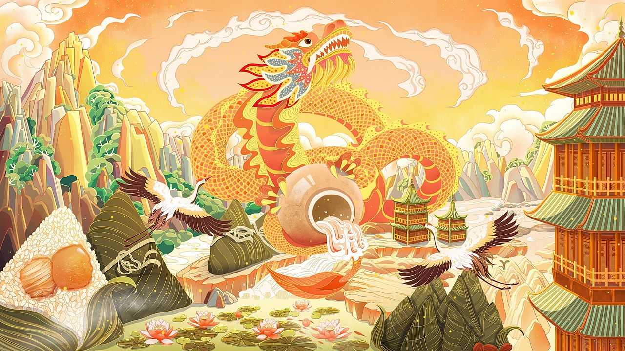 端午插画|舞龙抱酒（图ZMzAyNjg1NTI0） - 商业插画 - 站酷设计师九鱼LY原创素材 - 站酷ZCOOL